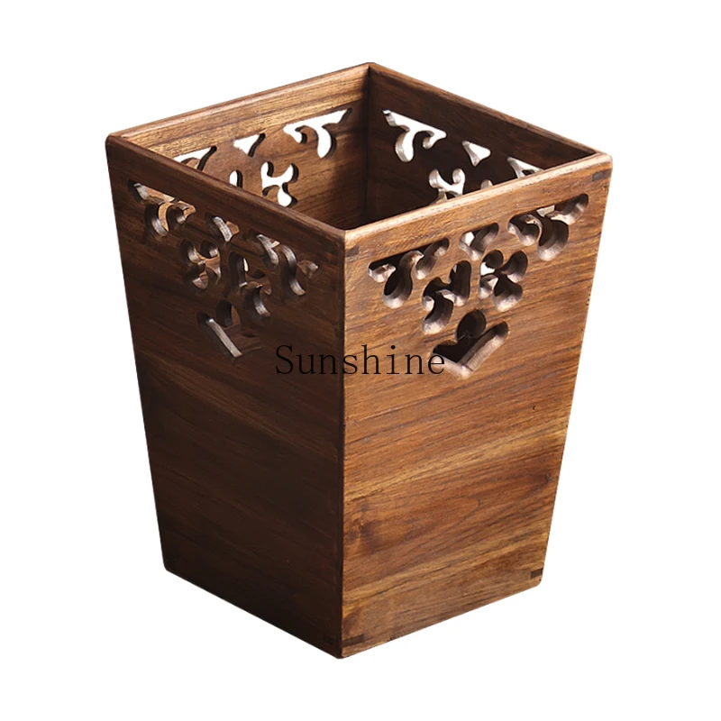 Solid wood new Chinese retro wooden living room trash can household bathroom trash can toilet paper basket large with lid