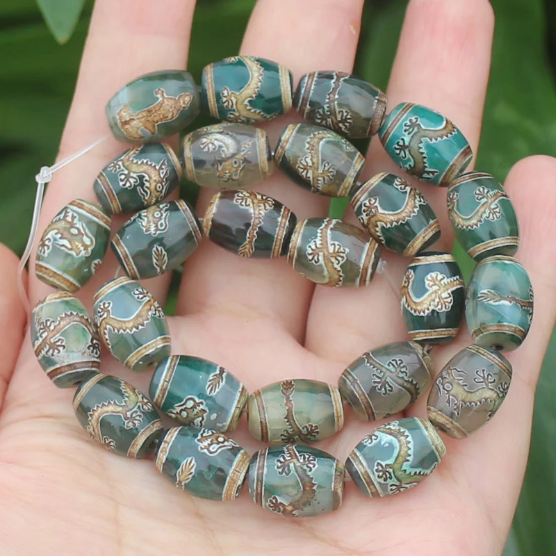 8pcs , Many patterns Natural Green Agate Ancient Tibet Dzi beads 10x14mm , For DIY Jewelry making !