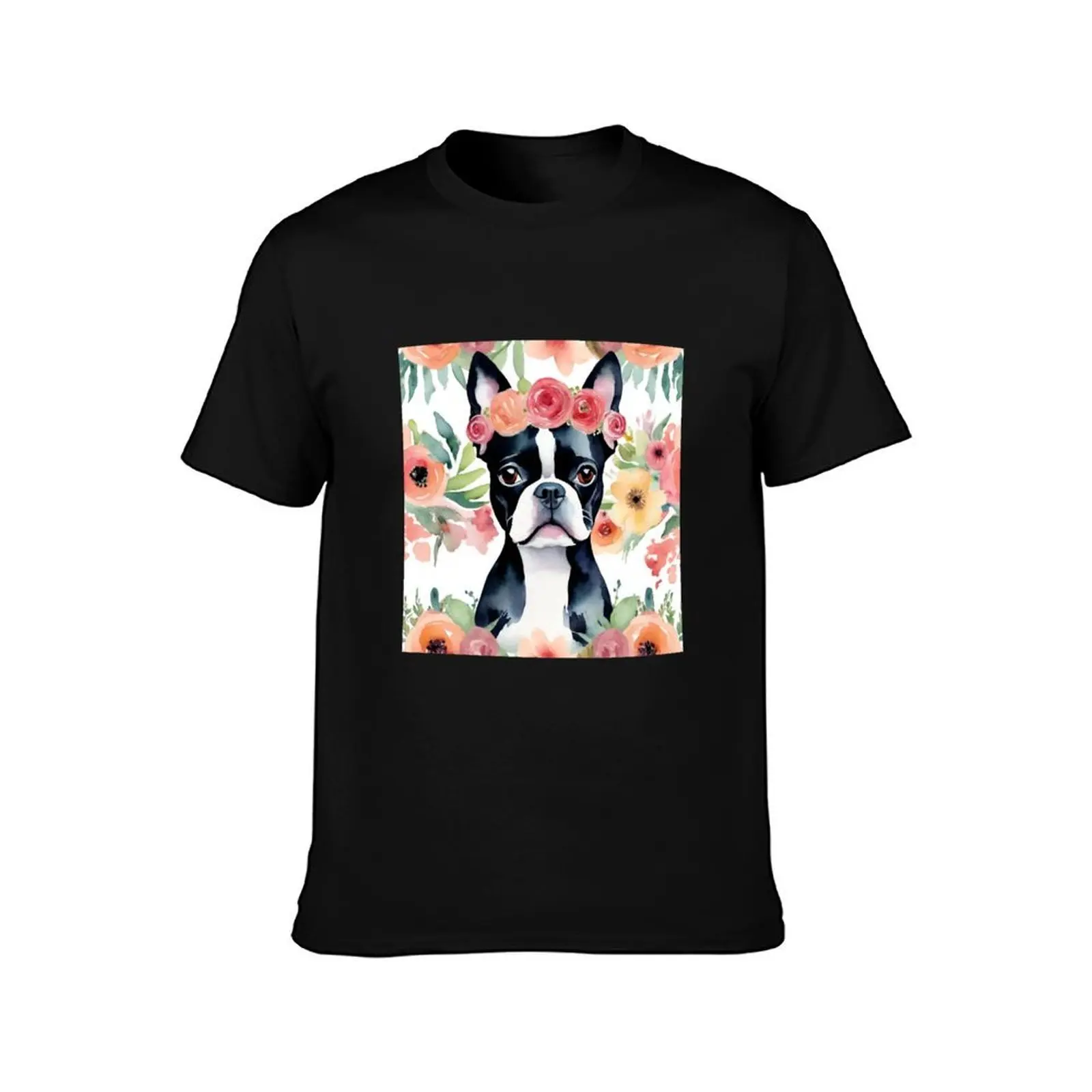 Flowery Boston Terrier T-Shirt Comfortable Daily Wear Tee