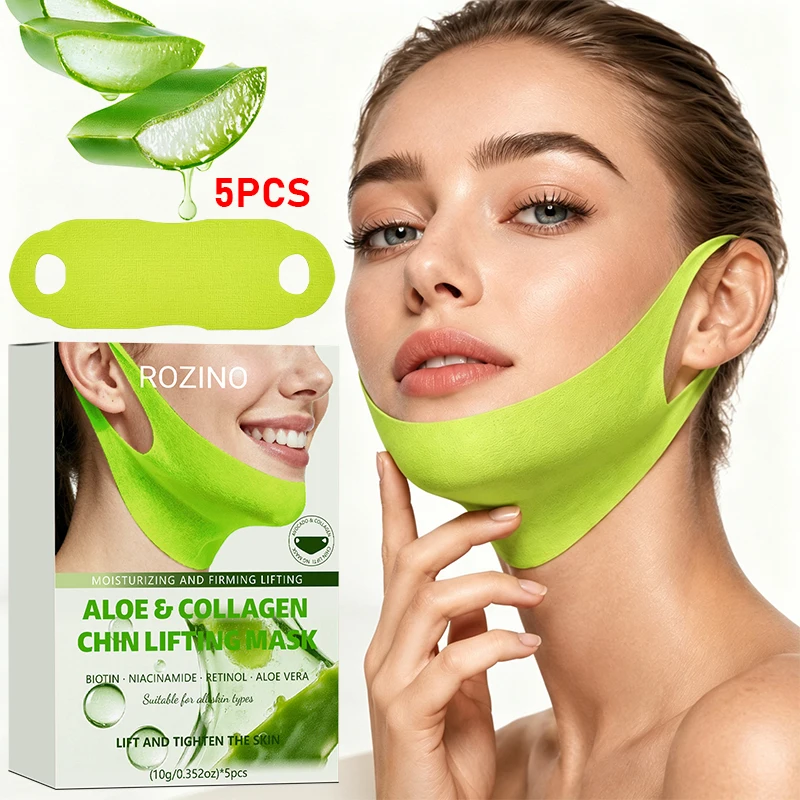 ROZINO 5-piece set of chin-lifting aloe vera face masks, containing aloe vera extract, collagen, niacinamide, and sodium hyaluronate, deeply moisturizes the skin, brightens the face and neck, and combats dryness and dullness, suitable for the face and neck
