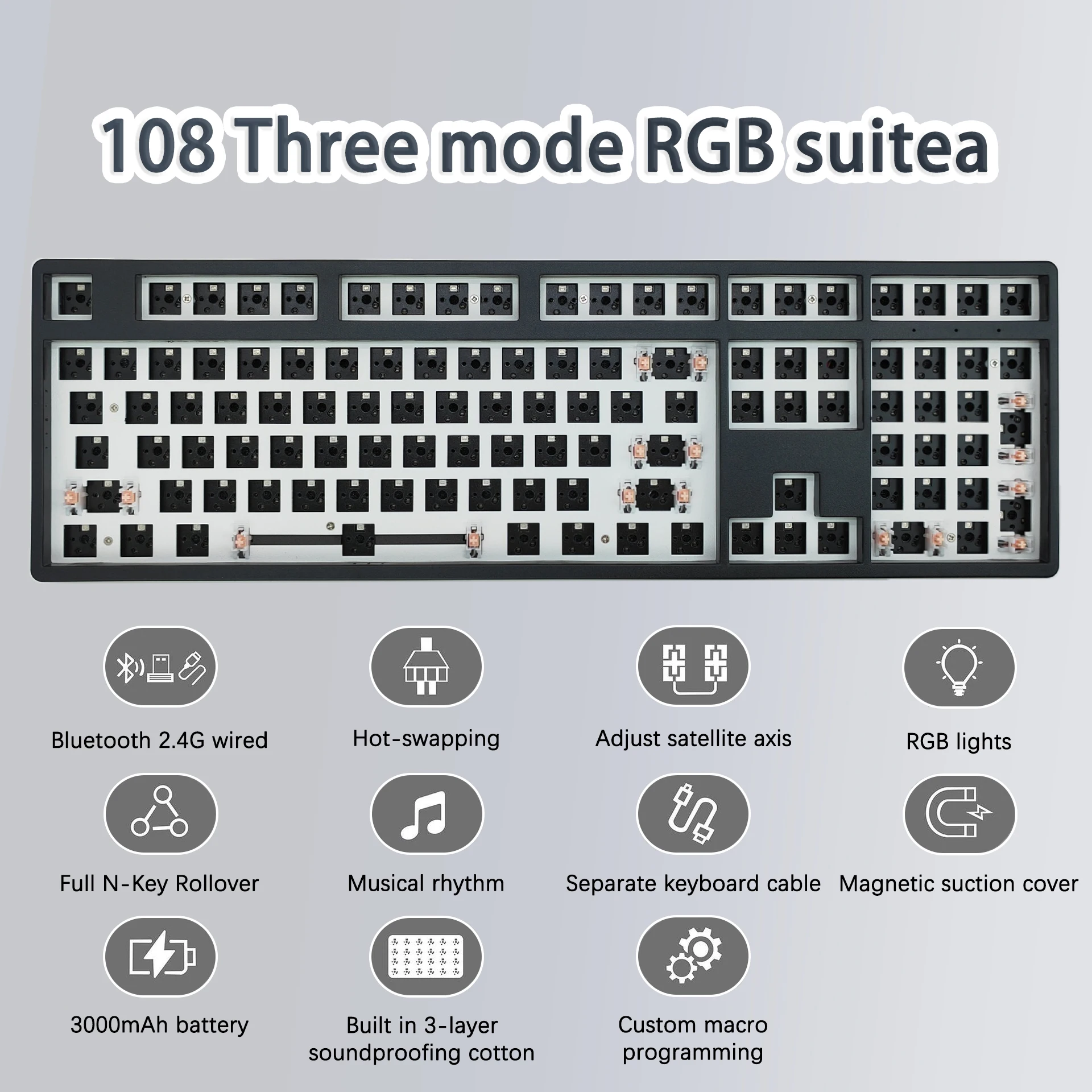 108 keys Mechanical Keyboard KIT 3-Mode Wireless Bluetooth RGB Hot Swappable Gasket Customization Keyboard Gaming Keyboard KIT