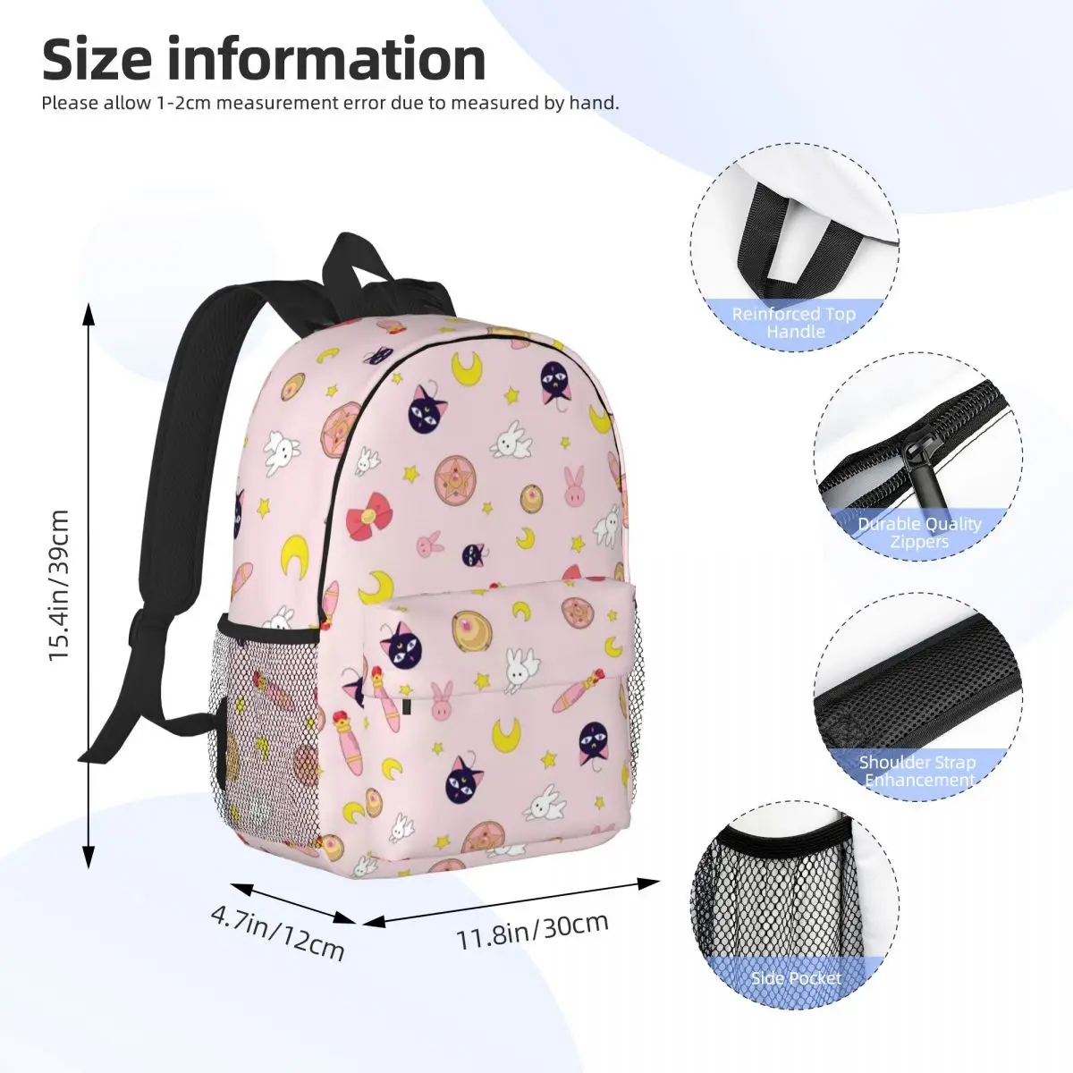 Sailor-Moon Print mochila leve, saco escolar padrão novo na moda, 15"