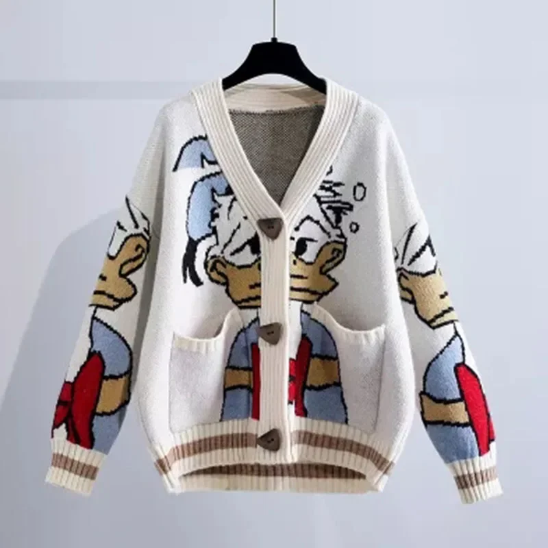 Autumn Winter Cartoon Knitted Cardigan Women Clothing Casual Loose Chic Y2k Butotn V-neck Knitwear Lazy Style Thick Sweater Coat