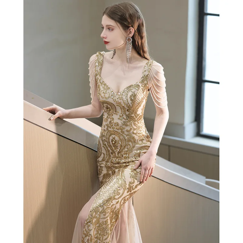 

Glitter Gold Prom Dress Luxury Sequin Mermaid Maxi Dress Beading Tassel Evening Dresses Homecoming Graduation Dresses فساتين سهر