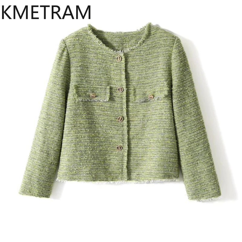 KMETRAM Elegant Tweed Jackets New in Outerwear Flattering for All Skin Tones O-Neck Short Jacket Fall Clothes Women 2024 여성가을자켓