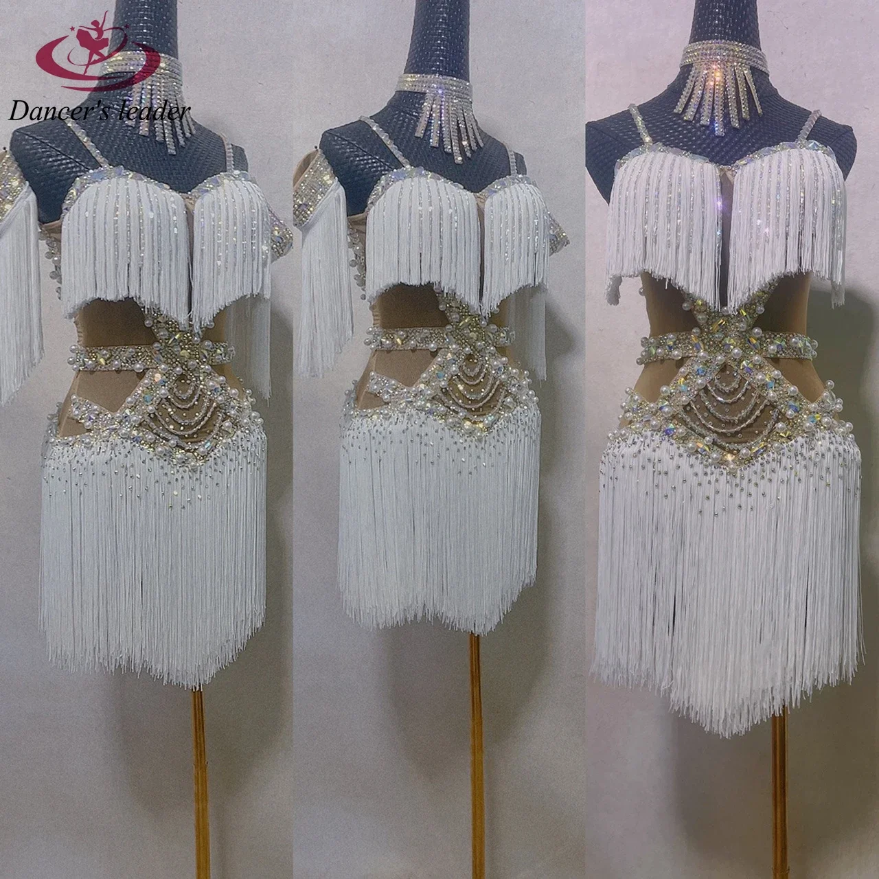 Latin Dance Competition Women\'s High-end Custom Tassel Splicing Pearl Samba Performance Clothing Black Pool Dress