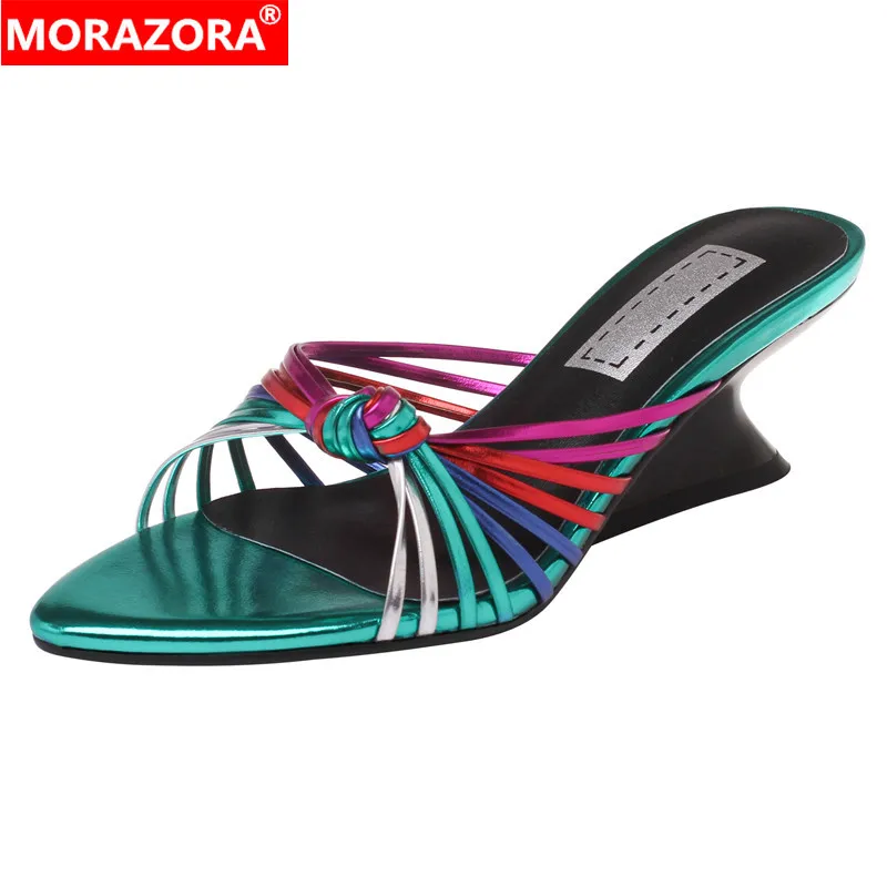 

MORAZORA 2024 New Faux Leather Mixed Colors Wedges Heels Women Slippers Fashion Ladies Party Slides Shoes Office Dress Footwear