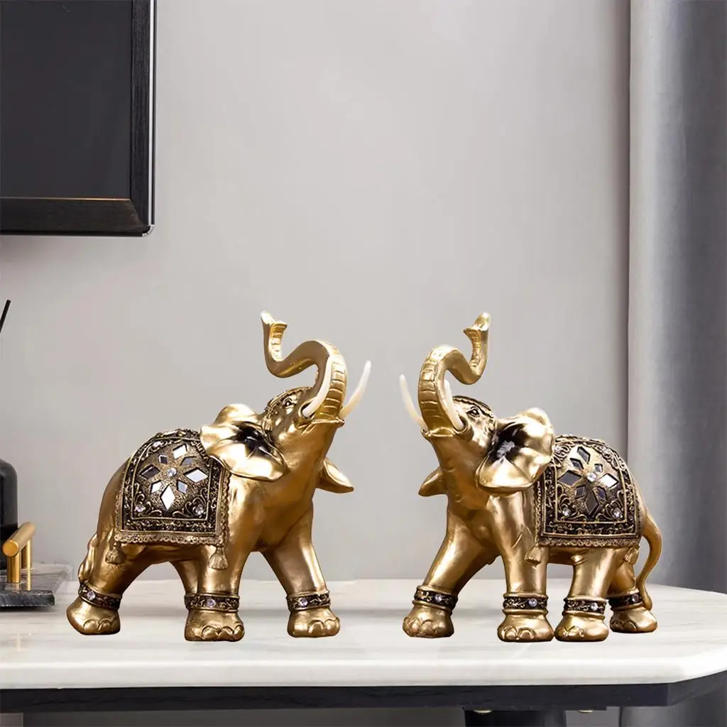 

Couple Resin Golden Elephant Statue Lucky Feng Shui Good Fortune Elephants Sculpture Car Home Office Shelf Tabletop Figurine