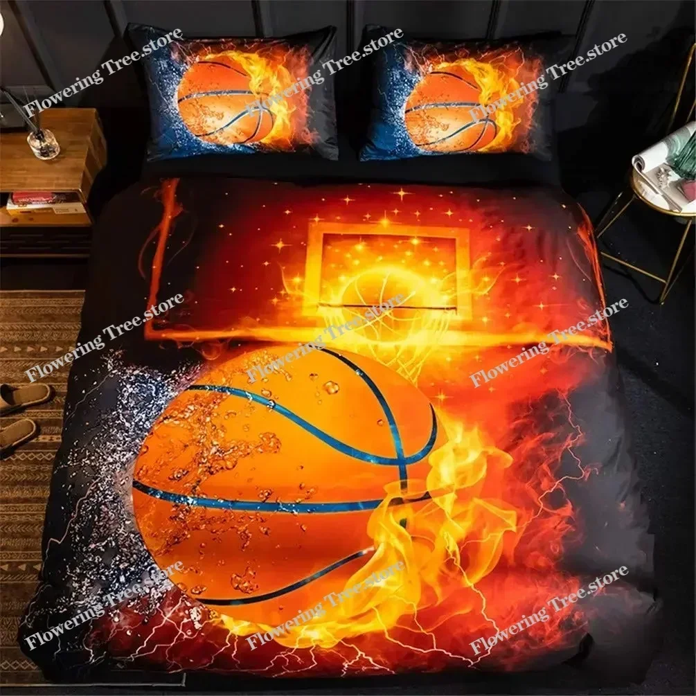 Basketball Duvet Cover Set King Queen Ball Sport Theme Bedding Set Boys Teens Basketball Fan Room Polyester Quilt Cover