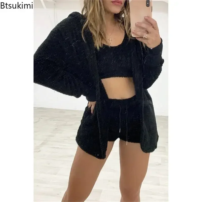 2024Women\'s Thick Warm Pajama Set Autumn Winter Home Clothing Sleepwear Female Casual Three-piece Jacket Vest Shorts Sports Suit