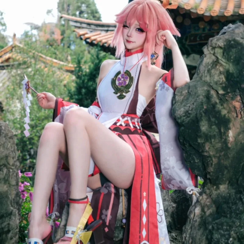 Genshin Impact Yae Miko Cosplay Costume Inazuma Shrine Maiden Pink White Kimono Fox Ear Outfit For Women Halloween