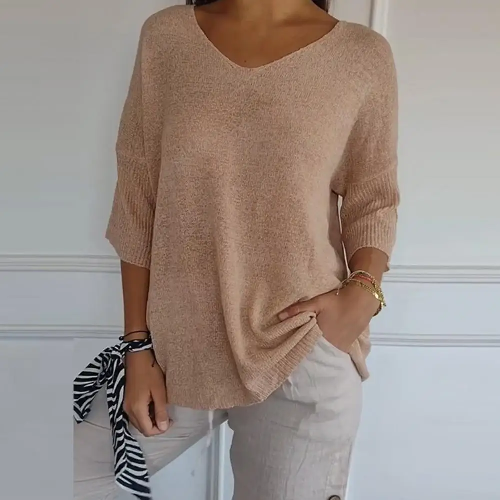 Women Knitting Tops Loose Fit V-Neck 3/4 Sleeve Casual Sweater Solid Color Mid-length Knitting Bottoming Tops Women's Clothing