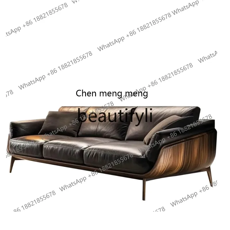 

Living room sofa leather light luxury European solid wood modern large flat-floor villa high-end sofa H