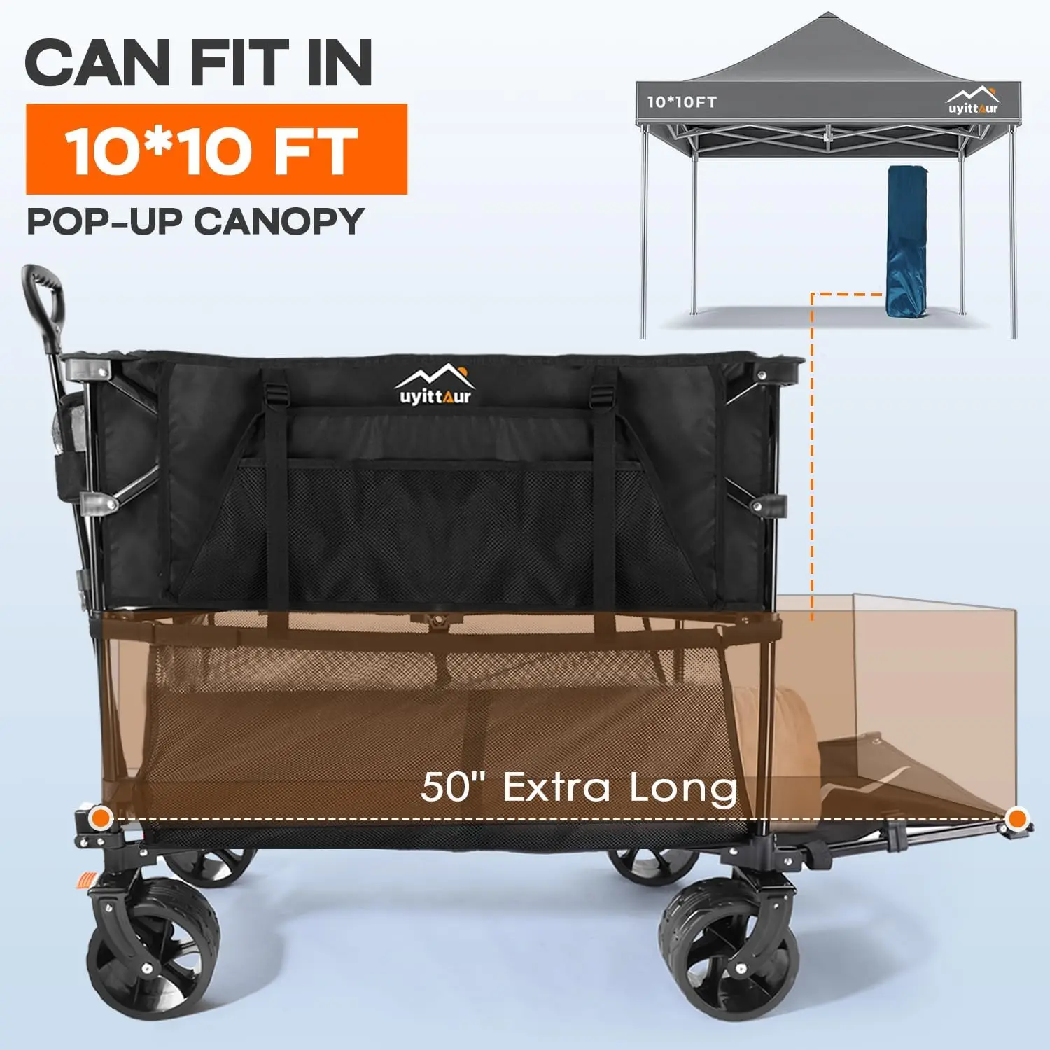 Extra Long Double Decker Beach Wagon com Rodas Grandes, Carrinho de Vagão Dobrável Pesado, 40 L de Capacidade, 50 pol