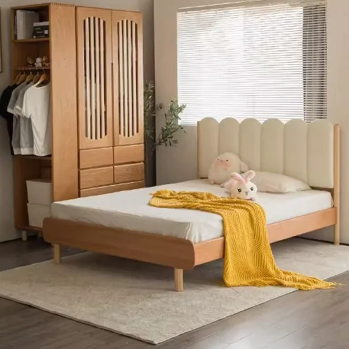 North American cherry wood bed boys and girls Nordic simple solid wood bed soft backrest single bed