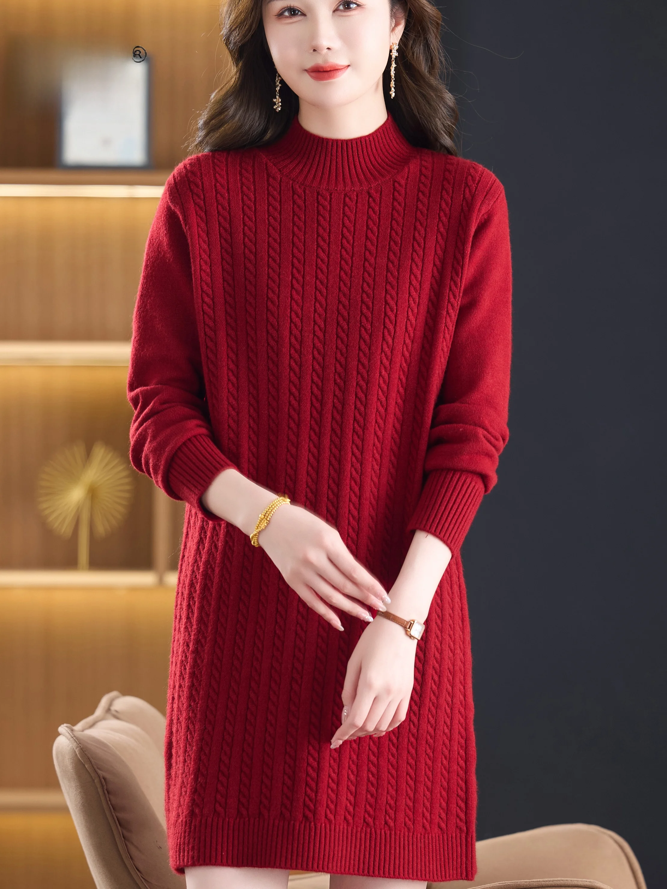 

2025 New Women's Loose Slimming Thiened Knitted Dr Midi Sweater Dr Faionable Base irt Commute Sle Anti-static W...