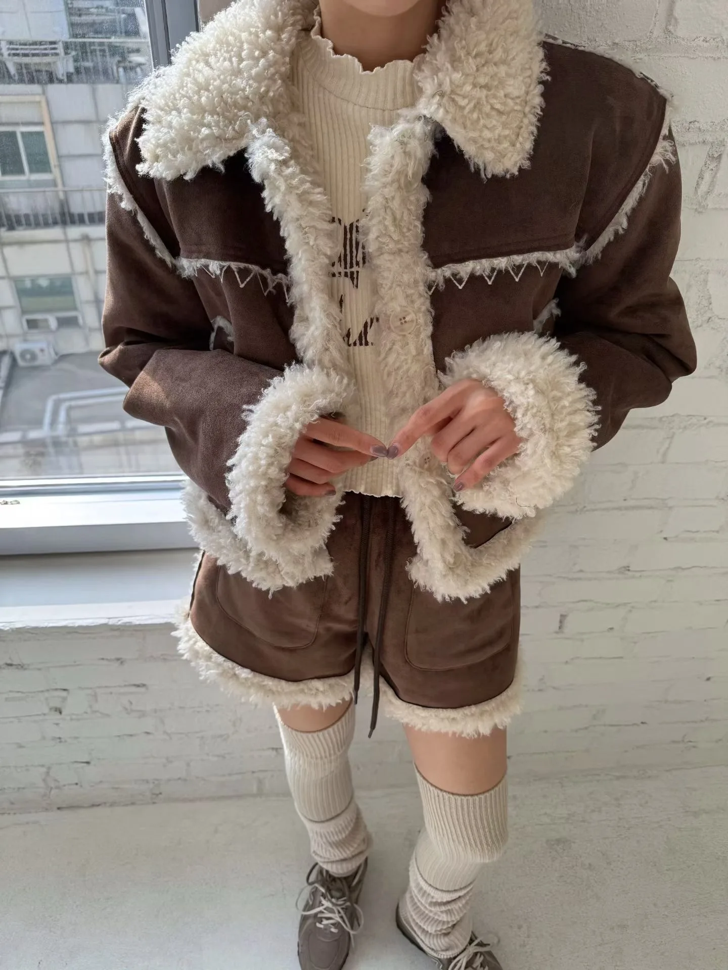 Faionable Settle Leder Und Pelz Inteated ort Mantel Frauen Winter Neue Hohe Taille ket orts Koreanische Sle Streetwear