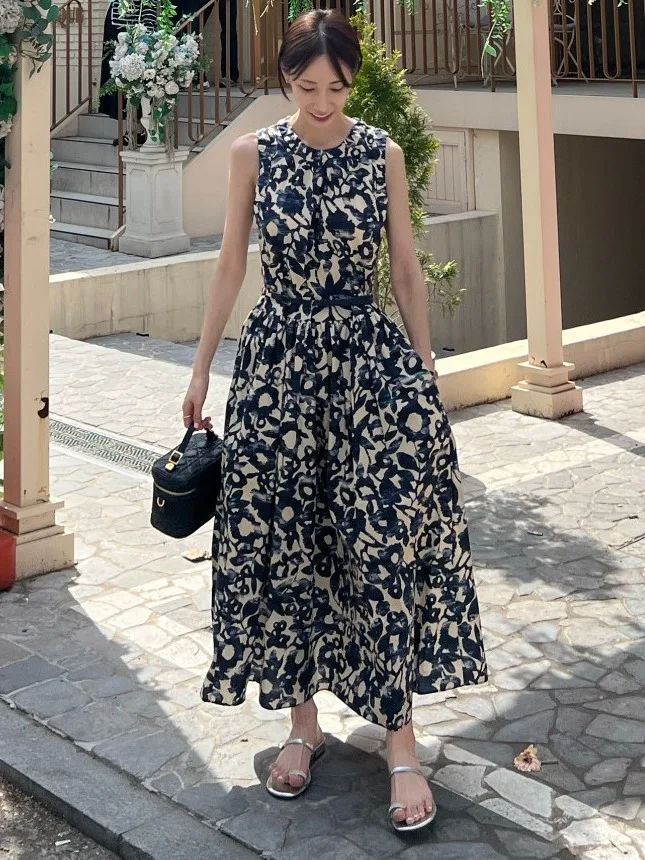 

Retro Ele Floral Print Vest Dr Women's Summer New Holiday Sle Long Skirt with Belt Floral Patterned Svel Dr