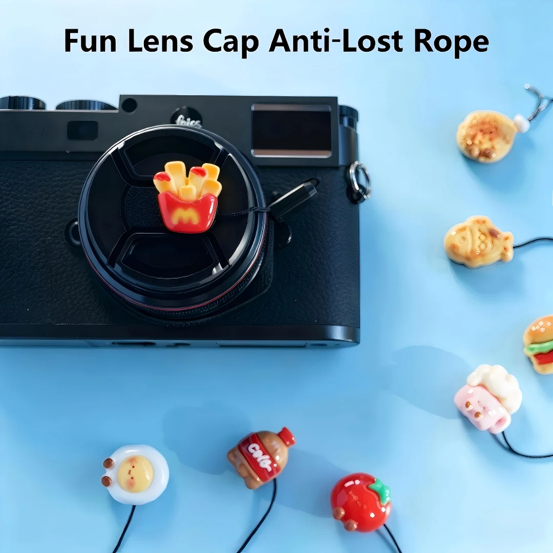Cute 3D Cartoon Food Lens Cap Keeper Anti Lost Rope Nylon Universal Adhesive Lens Cap Holder for Canon Sony Nikon Fujifilm DSLR