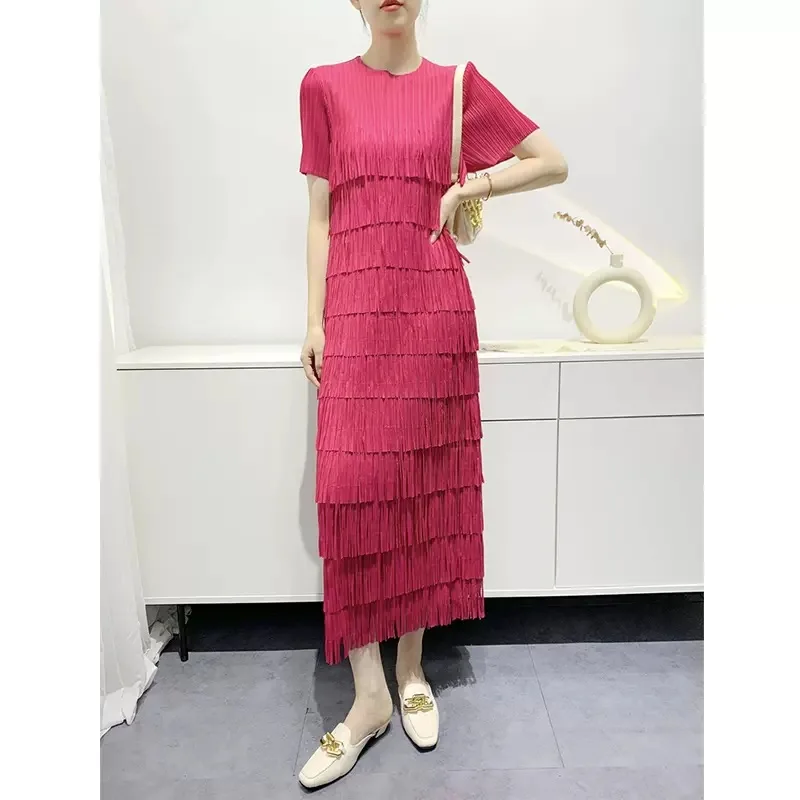 Miyake Style Pleated Dress Women 2023 Summer New High-End Solid Color Fashion Tassels Slim-Fit Figure Flattering Tiered Dress