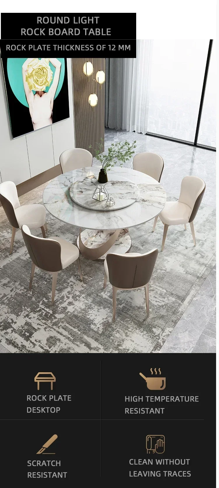 طاولات مستديرة من ألواح الصخور طاولة طعام باللون الذهبي الوردي المصقول من الفولاذ المقاوم للصدأ حجر ملبد دوار فندق ميسا دي كوميدور رخام أبيض #5