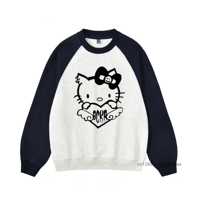 Sanrio Hello Kitty College Style Print Sweater Sweet Soft Y2k Girl Fashion Round Neck Pullovers Women Spring Autumn Casual Top