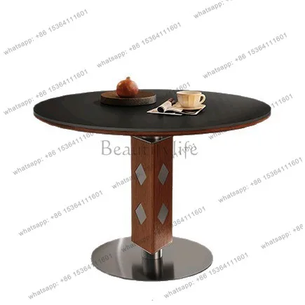 

Medieval round table small apartment household poly retro negotiation round metal solid wood rock slab dining table