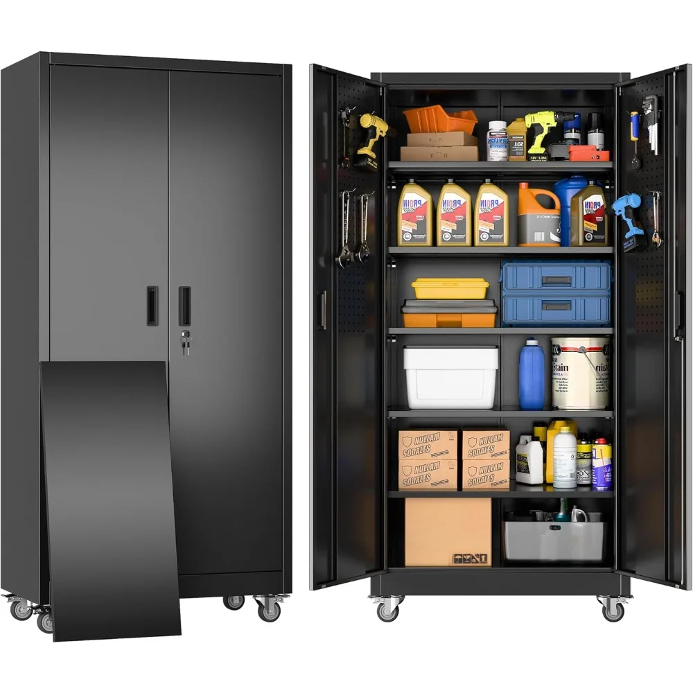 

Metal Garage Storage Cabinet with Wheels and Pegboard 71'' x 34'' x 18'', Lockable Rolling Steel Cabinet with 5 Adjustable Shelv