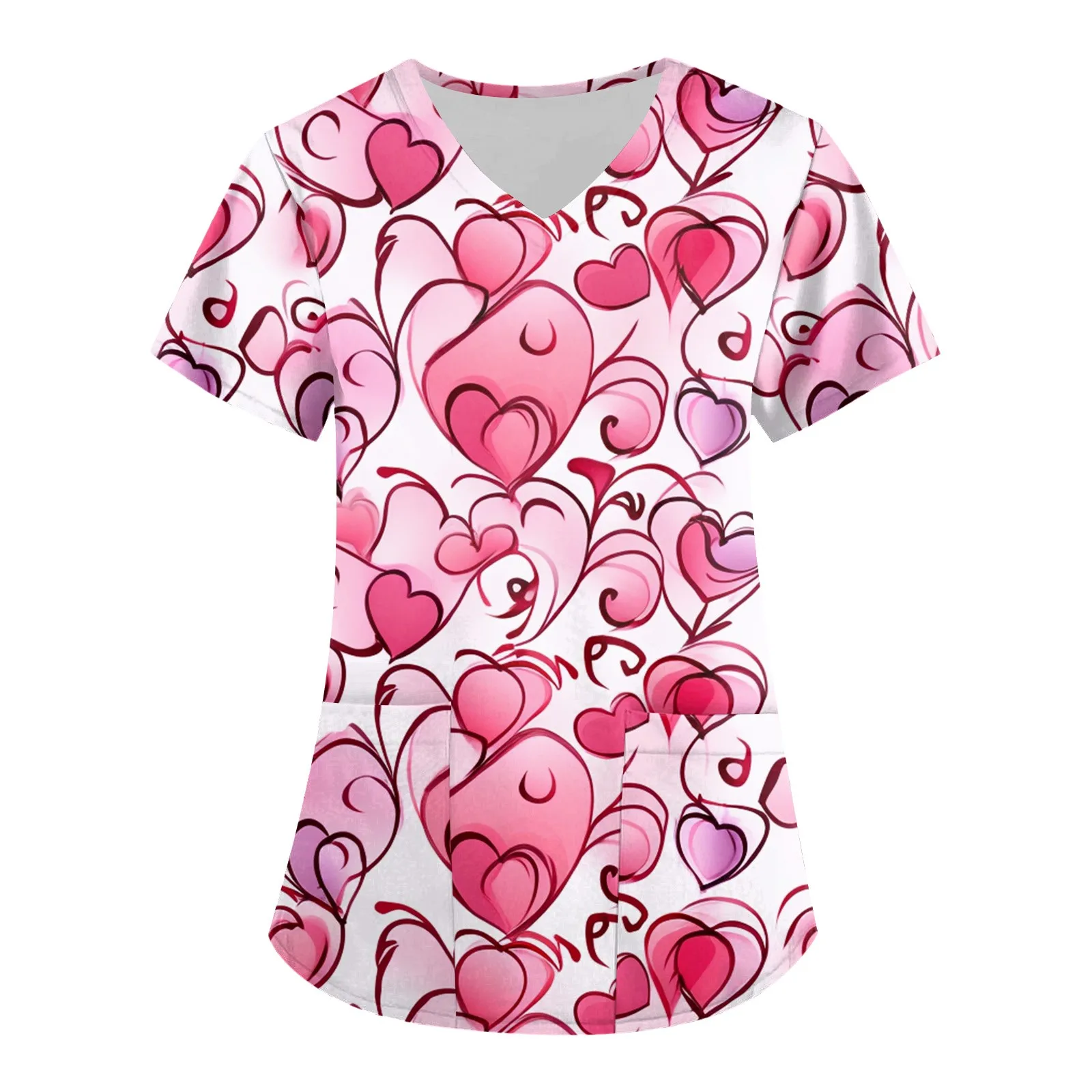 Women's Fashion V-neck Short Sleeve Workwear With Pockets Valentine's Day Printed Tops