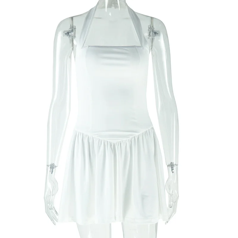 Doyerl Halter Backless Senza spalline A-line Abito bianco Donna Sexy Night Club Party Corsetto senza maniche Ruffles Compleanno Mini abiti