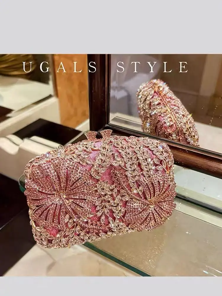 

Luxury Designer Wedding Party Clutch Purse Crystal Shiny Floral Metal Box Women Handbag Glitter Rhinestones Diamond Evening Bag