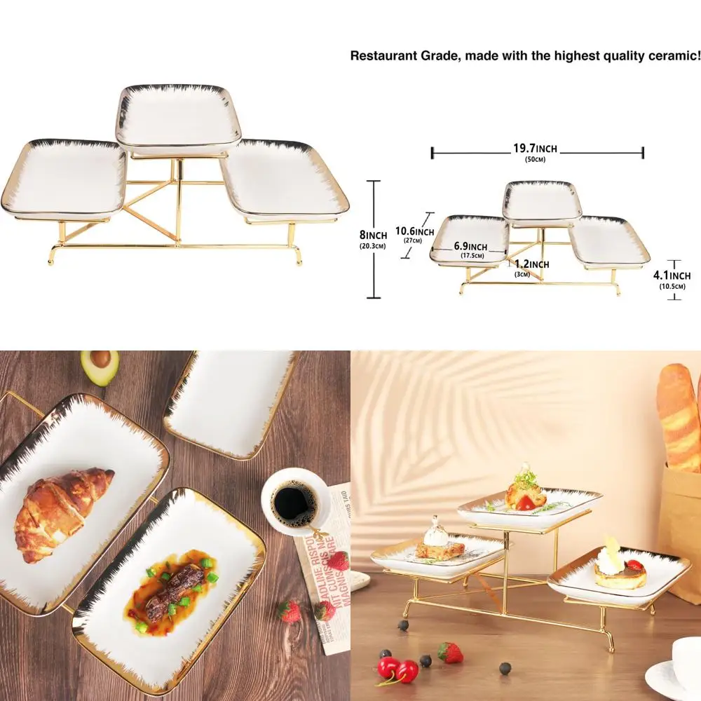 

Складная золотая трехъярусная подставка для тарелок с тремя 10,6-дюймовыми белыми тарелками для демонстрации еды, фруктов и декора