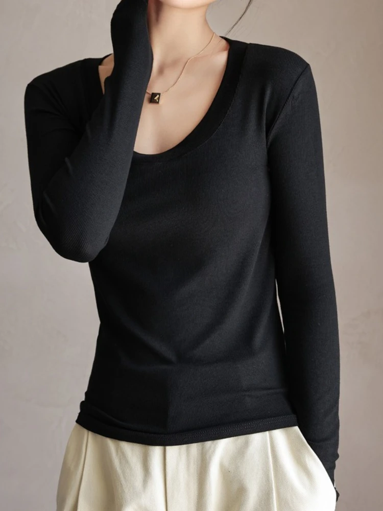 Autumn Women's Slim Fit Modal Long Sleeve T-Shirt Round Neck Solid Color Base Layer Shirt Inner Wear Casual High Elasticity Top