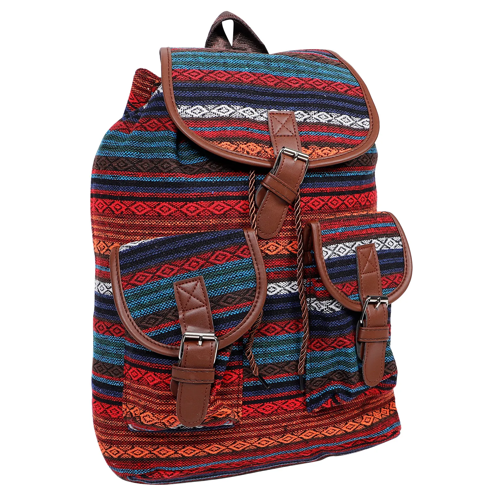 Ethnic Style Vintage Plaid Backpack Large Capacity Drawstring Bucket Bag Boho Fashion Casual School Travel Purse