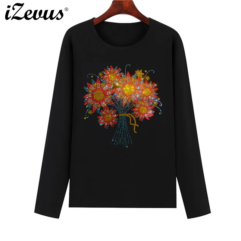 

New Women's Autumn Long Sleeve Round Neck Cotton Casual T-Shirt Pretty Sunflower Flower Drill T-Shirt Comfortable and Warm