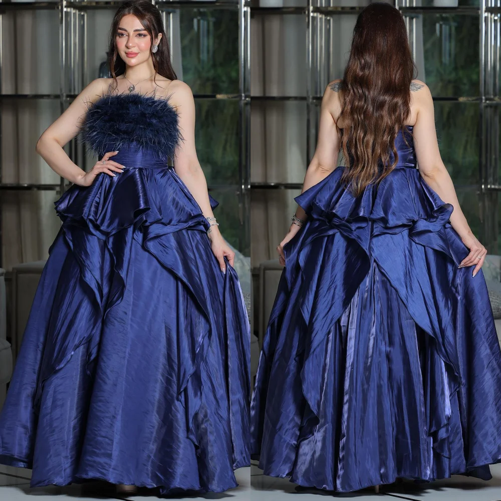 

Satin Draped Pleat Feather Graduation Ball Gown Strapless Bespoke Occasion Long Dresses