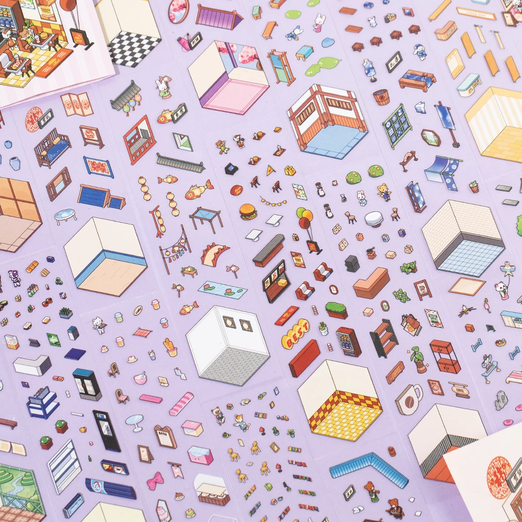 12PCS PET Mini Room Scene Stickers Cute Cartoon Furniture Decor for Journal Scrapbooking