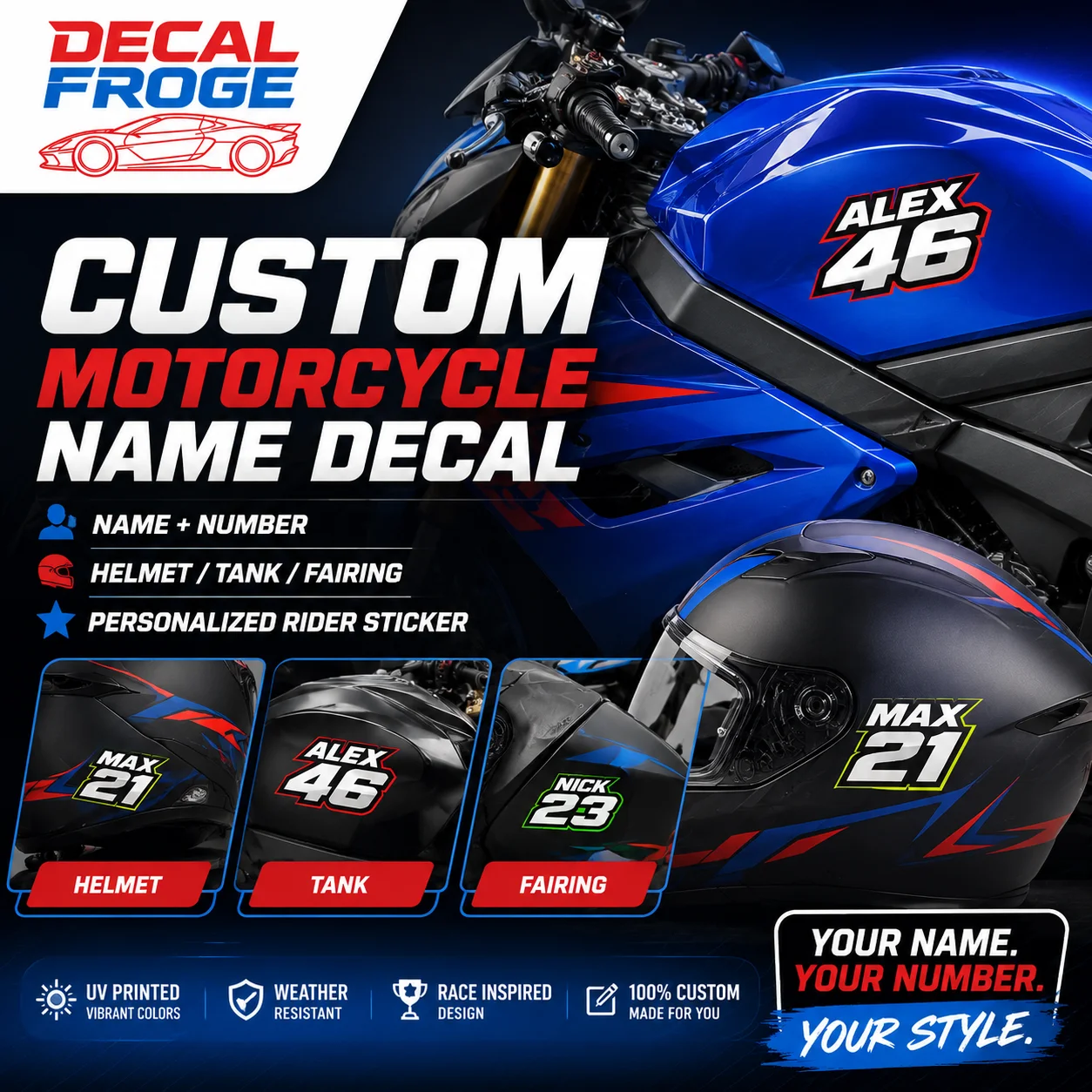 Custom Motorcycle Name Decal Personalized Rider Name Number Sticker UV Printed for Helmet Tank Fairing
