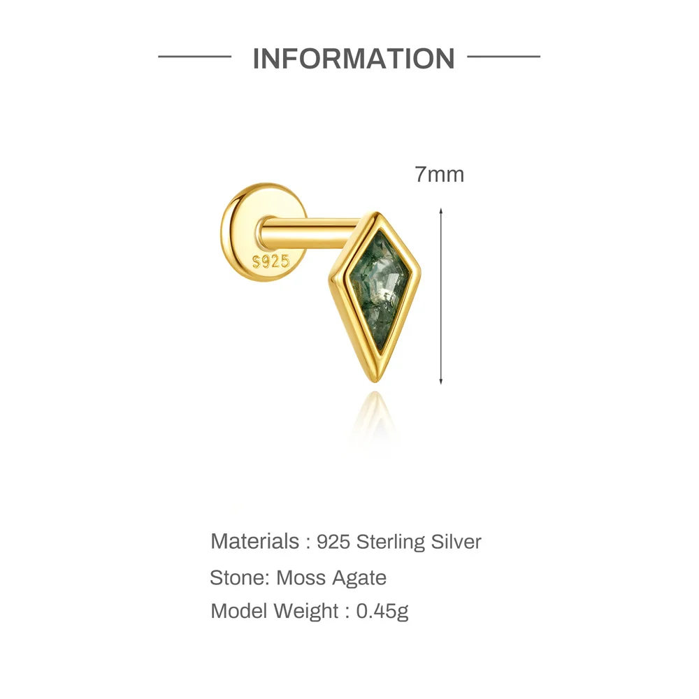 CANNER 1 Stück Sommer Natürlicher Wassergras-Achat Pferdeauge 925 Sterling Silber Flachkopf Piercing Ohrstecker für Damen INS Ohrring – Detail 9