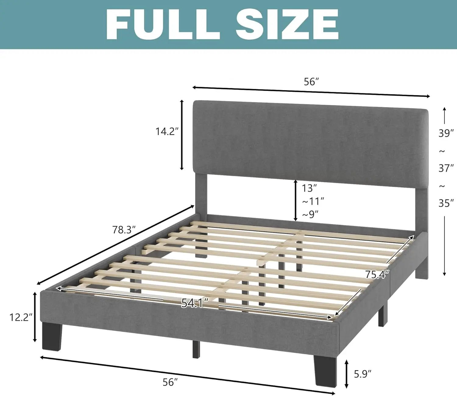 Full bed frame with headboard, adjustable headboard, no need for box springs, heavy-duty feet, easy to assemble, light gray