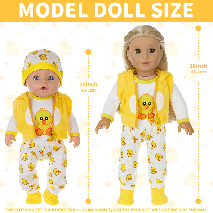 Doll Clothes 18Inch/45cm Cute Yellow Duck Jacket Hoodie Pants Baby Born Doll Rebirth Doll Clothes Accessory Doll Girl Gift