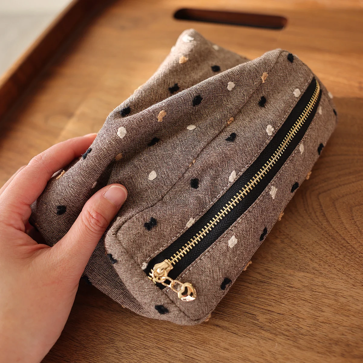 Checkered striped fabric cosmetic bag square three-dimensional zipper storage bag travel portable handbag liner bag makeup bag