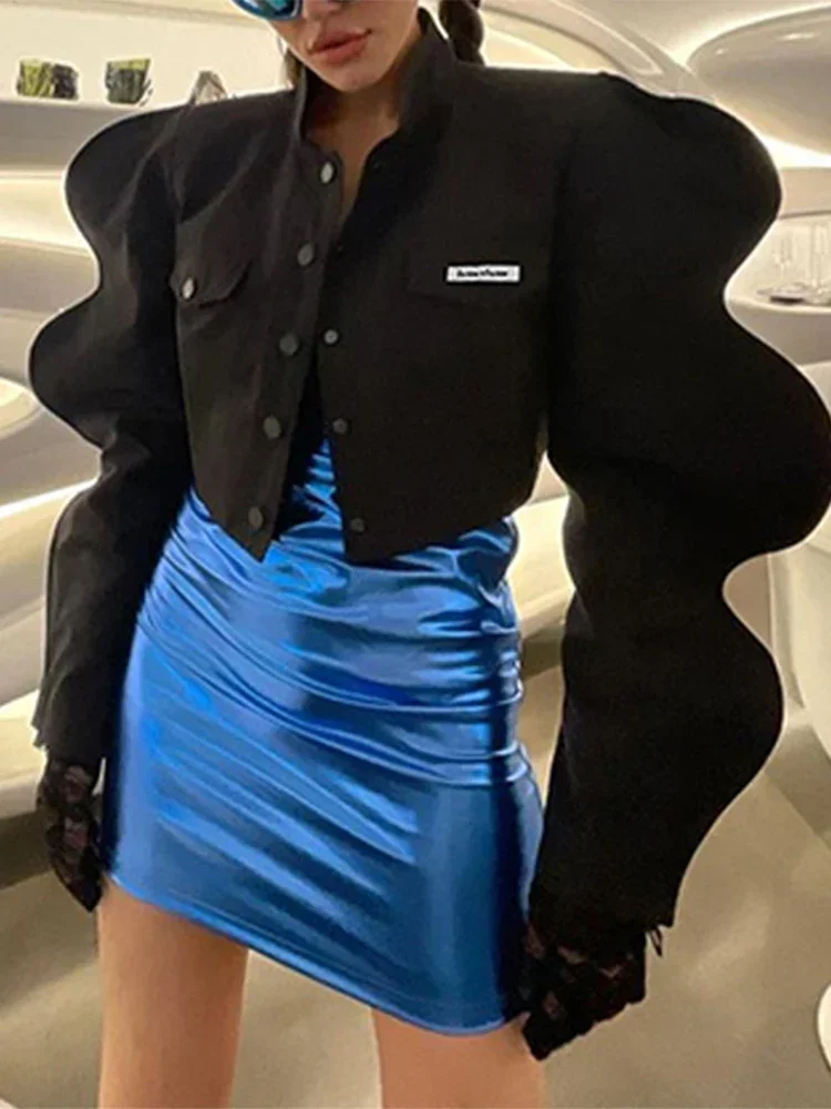 

Весенне-осенняя женская дизайнерская куртка в стиле Y2K для вечеринок и клубов, модный черный топ с длинными рукавами-фонариками, свитшот для женщин