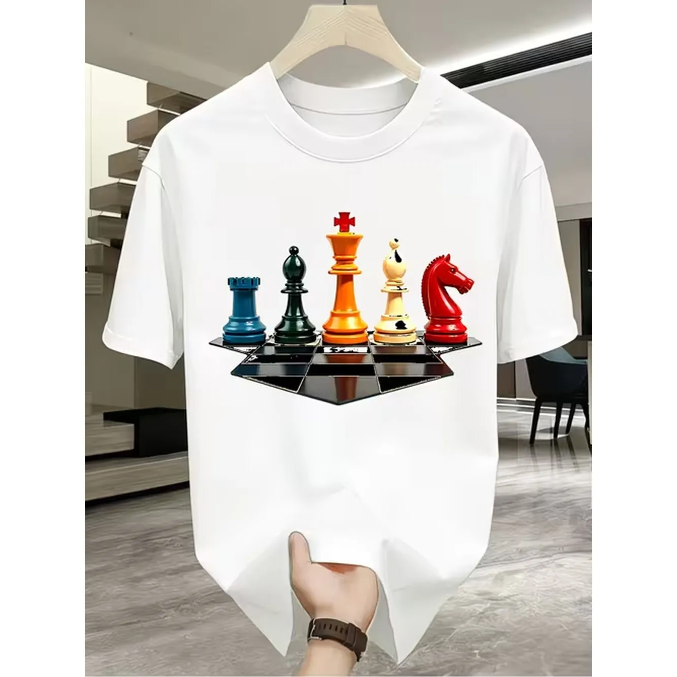 Fotografía de seis piezas de ajedrez sobre un tablero a cuadros en blanco y negro, camisetas gráficas divertidas, idea perfecta para cumpleaños, días festivos o ropa informal