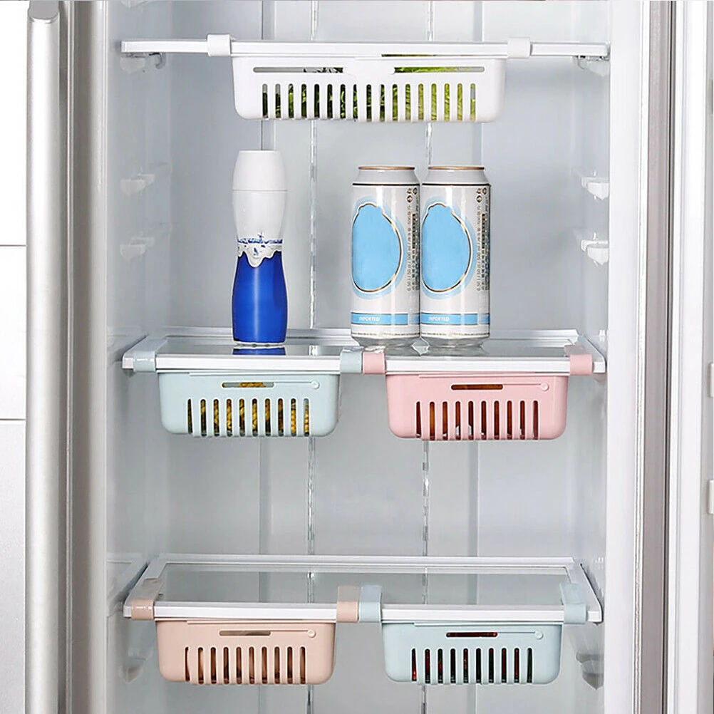 

2pcs Retractable Storage Box For Kitchen Refrigerator Plastic Holder Hollow Mesh Design Easy Clean Space Saving Food Organizer