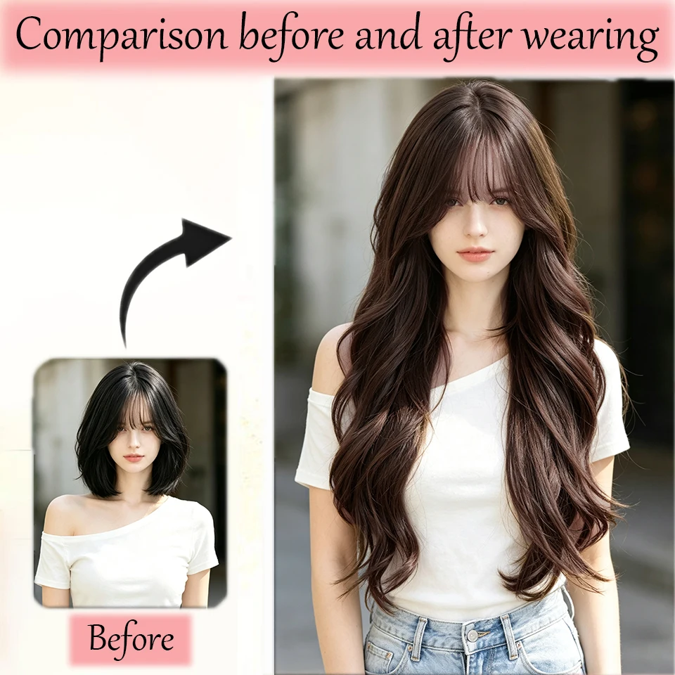 Synthetic Heat-Resistant Wig, Black-Brown Curly Hair with Bang Suitable for Gril Women Daily Party Halloween Christmas Festival