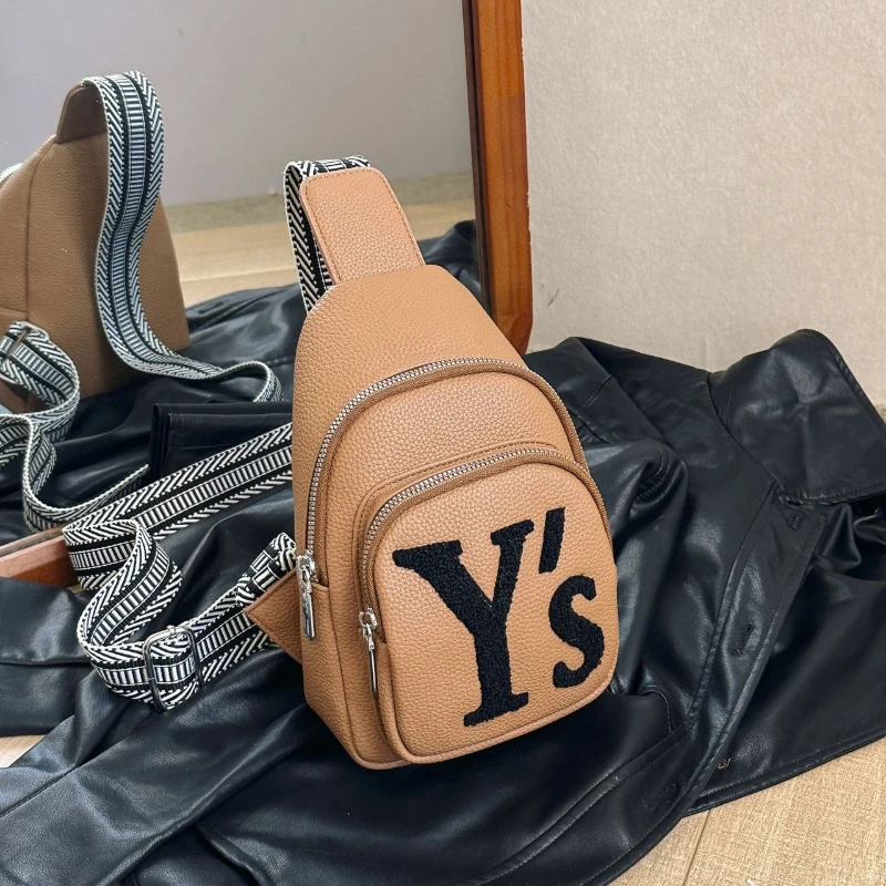 Brown White Khaki Black Pebbled PU Leather Chest Crossbody Sling Bag Letter Casual Shoulder Handbag Phone Large Capacity Women