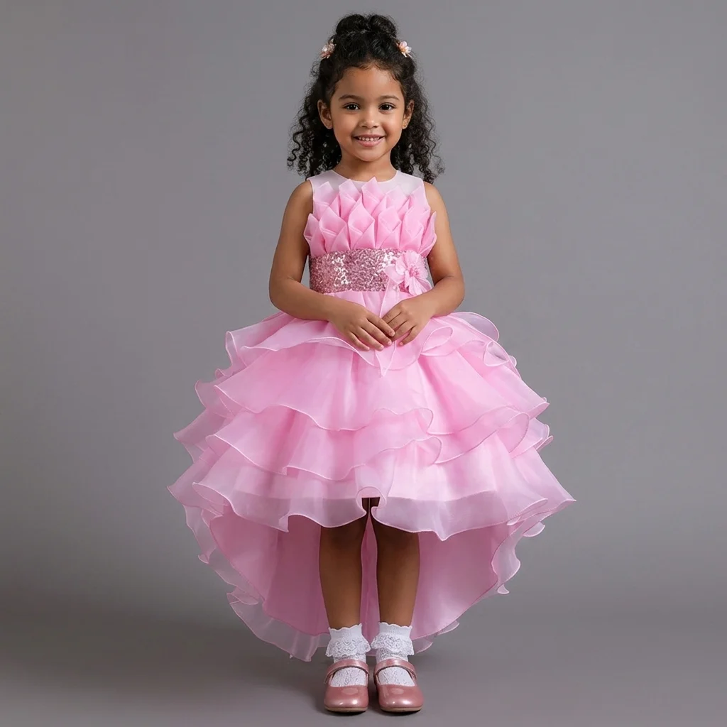 

Flower Girls Weddings High-Low Trailing Princess Dress Sequined Ruffled Tulle Birthday Party Gown Children Piano Pageant Costume