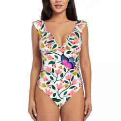 Bohemian one piece swimsuit women Blue Butterfliy pink flower Women's Ruffle Swimsuits white Swimwear Sexy bikini suit