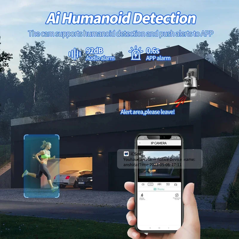 9MP PTZ Wifi Camera Three Lens Dual Screens Outdoor Surveillance Camera Ai Human Detect Security IP Camera Auto Tracking iCSee